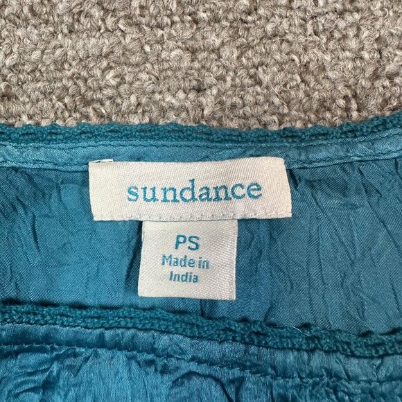 Sundance Boho Blue Teal Floral Embroidered Silky Short Cupro Dress Petite Small - Picture 3 of 7